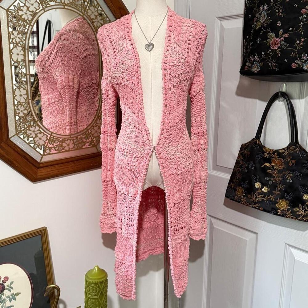 Free People Pink Ombre Open Knit Crochet Long Sleeve Lacey Cardigan w Toggle